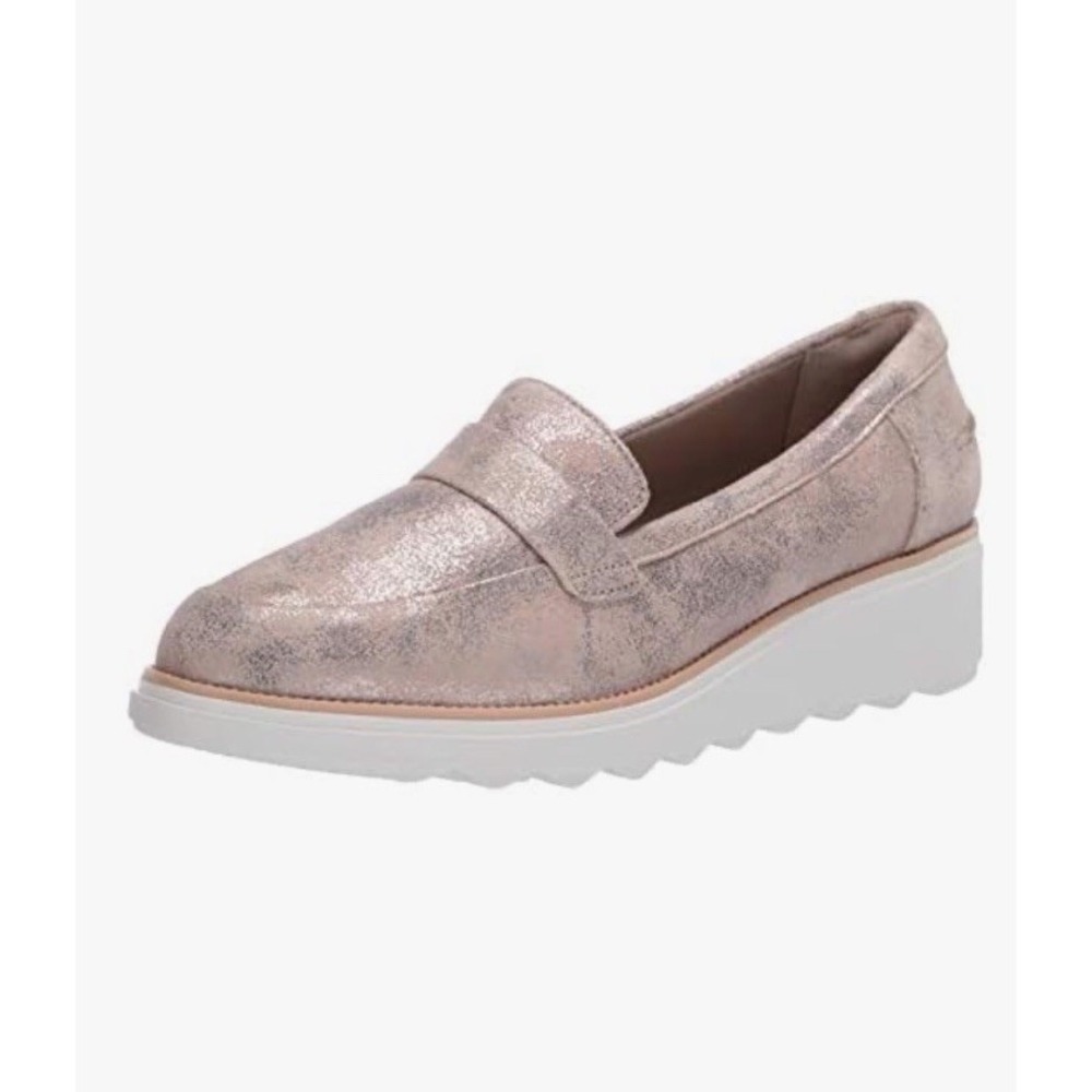 Clarks Sharon Gracie Pewter Gold Metallic Slip-On Wedge Loafers Women's 10